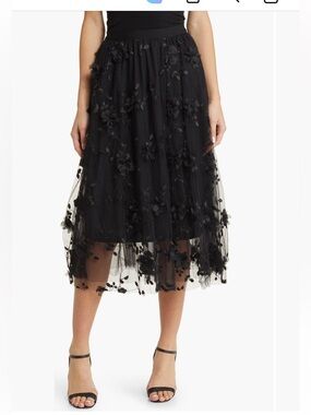 NWT‎ Joh. Skirt black tulle 3D layered Elegant Floral Embroidered vines lace L
